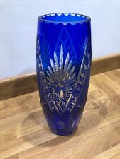 Large Bohemian Blue Cut Glass Vase 26.5 cm tall