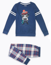 Ex M&S Girls Navy Tartan Dog Misletoe Christmas Xmas Pyjamas  6 - 14 Years £18
