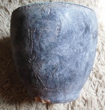 Cement Grey Pot Turquoise Crackle Glaze 18cm diameter x 17cm tall exterior chip