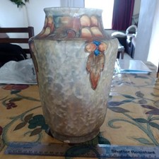 Cranston Pottery. 1930s Tube Lined Vase. 1.24kg, 9.25" Tall, 4" Rim Dia.