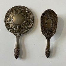 Antique Vanity Set Hand Mirror & Brush Vintage Edwardian Silver Plated