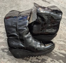 Fly London black patent leather knee high partial zip up boots UK size 7 EU 40