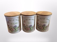 T G GREEN Ceramic Cloverleaf Pottery Tea / Coffee / Sugar Jars With Wooden Lids