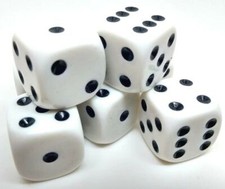 Dice 16mm WHITE with black spot. 6 sided standard. Board and Wargame