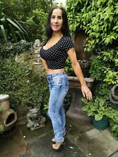 BLUE DENIM DISTRESSED SKINNY JEANS WITH JEWEL & LACE DETAIL ~ 27" W x 30" L