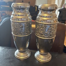 Vintage Pair of Urn Style Metal Vases with Rustic (Greek?) Scenes