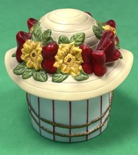 VTG Willow Hall Jane Asher 3.5" Straw Hat Ceramic TRINKET BOX Red Ribbons EUC