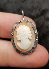 Old Vintage Sterling 925 Silver Marcasite Set Cameo Pendant Charm 