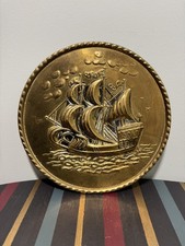 Vintage Embossed Brass Plate – 8” Sailing Ship Wall Decor 