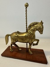 Vintage Brass Carousel Horse Figurine on Wooden Base 