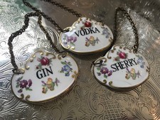 Vintage Hammersley Bone China Decanter Labels Set Gin Vodka Sherry Floral Gilt