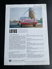 Original Lotus Europa Sales Specification Sheet In Very Good Condition 