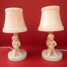 PAIR CARVED ALABASTER TABLE LAMPS VINTAGE BY HERNA SPAIN PEACH CARVED FIGURES