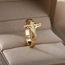 18k Gold Vintage Jesus Cross Adjustable Rings Men Women Christmas Gift Jewellery