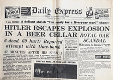 Vintage Newspaper Daily Express November 9th 1939 WWII HITLER ESCAPES EXPLOSION