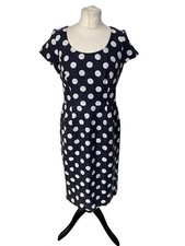 Paul Costelloe Dressage Size 12 Navy/white Polka Dots Dress Linen Blend