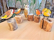 Hand Carved Painted Goldfinch Greenfinch Barn Owl Birds Wood Log Figure Ornament