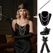 1920s Flapper Costume Accessories Set Great Gatsby Headband Pearl Necklace Glove