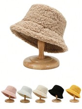 Women Warm Fluffy Plush Bucket Hat Ladies Winter Solid Faux Fur Fisherman Cap