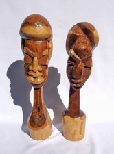 Pair of Large Cubist Caribbean Folk Art Tiki Statues Hand Carved Figures 58 cm