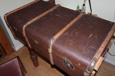 Vintage steamer trunk, large, brown, made from banded wood