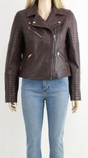 100% REAL LEATHER Women's River Island Burgundy Biker Jacket UK 12 EU 40