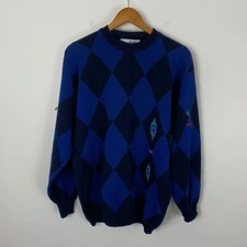 Vintage Pringle Sports Jumper Medium Blue Diamond Argyle Pattern 100% Wool Golf