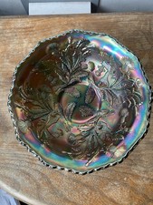 Iridescent Green & Gold Tone Thistle Carnival Glass Oil Slick 19cm Wide Bowl VGC