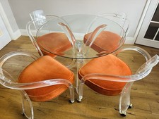 Charles Hollis Jones Glass Top & Lucite Tusk Pedestal Dining Table & 4 Chairs