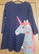 Boden Blue Spotty Appliqued Unicorn A-line Dress - 6-7 Yrs- Good Condition