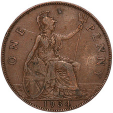 1934 Great Britain George V 1 Penny Coin – Dies 5+C – Bronze