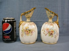 2x 19c ROYAL DOULTON  BURSLEM FLORAL , ENAMEL & GOLD GILT EWER VASE S c1895