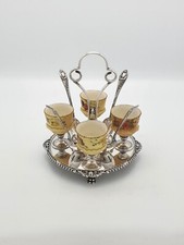 Rare Antique Silver-Plated Egg Cruet Set with Exquisite China Egg Cups - c1905