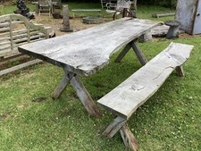 7`4" Long Old Solid Oak Garden Cross legged Table & Backless Bench