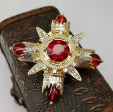 Antique Gold And Red Emerald Cross Brooch Luxury  Collar Pin Unisex