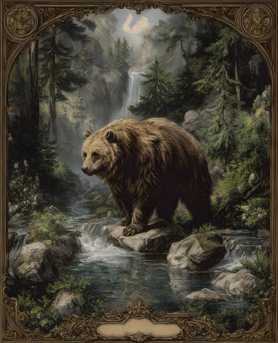 8x10 bear forest waterfall - waterfall, art