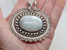 Huge Fully Hallmarked 925 Silver & Labradorite Cabochon Bali Style Pendant 43g