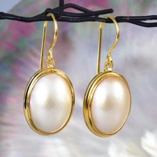 Earrings White Mabe Pearl Oval & 18K Gold Vermeil over 925 Sterling Silver 5.14g