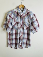 Rustler by Wrangler Shirt Large Red Metallic Pearl Snap Plaid Mens Short Sleeve