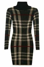  Womens Ladies Polo Neck Tartan Knitted Midi Long Sleeve Bodycon Jumper Dress