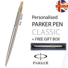 GENUINE PARKER CLASSIC STAINLESS STEEL BALL POINT PEN - GOLD TRIM - GIFT BOX