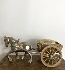 Vintage Horse And Cart Ornament - Silver Metal - Brass Effect - 1960s - 10”