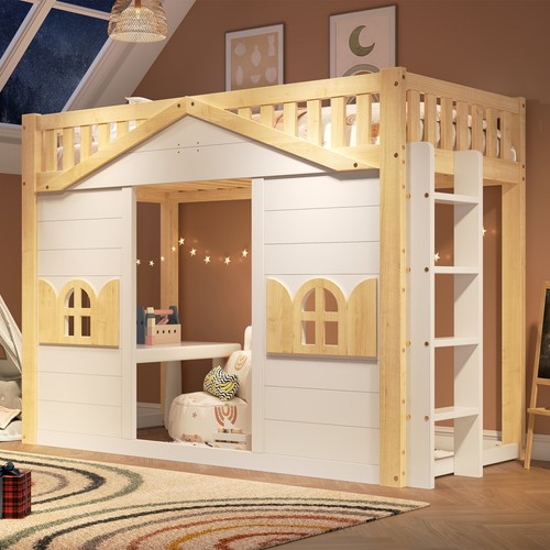 Wooden house bunk bed 3ft - wooden,