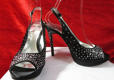 FAITH Black/Diamante peep toe sling back high heel occasional shoes UK 6, EU 39