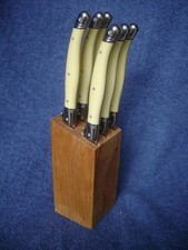 LAGUIOLE France Set of 6 STEAK KNIVES in HARD WOOD BLOCK creamy handles