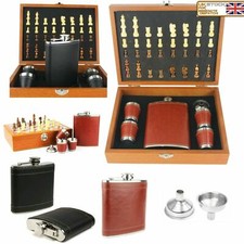 Luxury Wooden Chess Gift Storage Box Leather Brown Black Hip Flask Cups Funnel