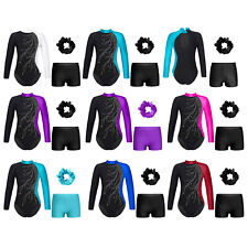 UK Kid's Girl's Long Sleeve Gymnastics Ballet Dance Leotard Bodysuit and Shorts