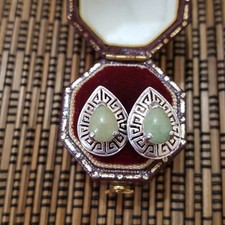 925 Sterling Silver Stud Earrings, Genuine Green Jade Teardrop Studs, Greek Key