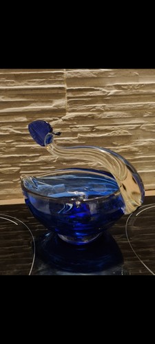 Vintage cobalt blue glass swan - glass,