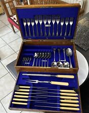 VTG GEORGE BUTLER SILVER PLATE OAK CANTEEN CUTLERY OLD ENGLISH KNIVES FORK SPOON